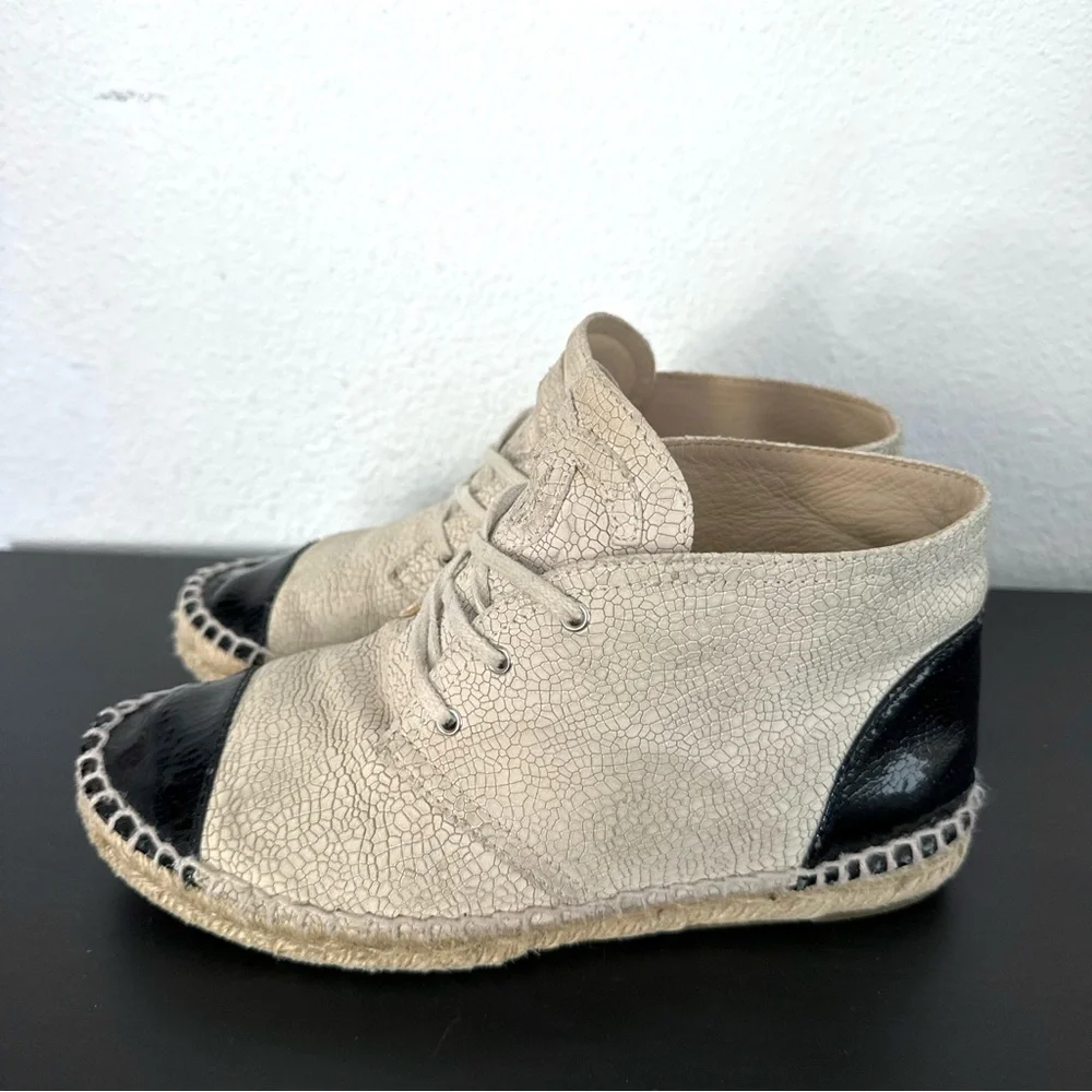 Chanel Two Tone Crackle Leather CC Logo Espadrille Lace Up High Top Sneakers